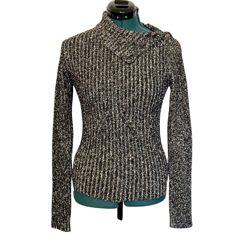 St. John Sweater Asymmetrical Button Neck Size S Black White Marled Knit Wool